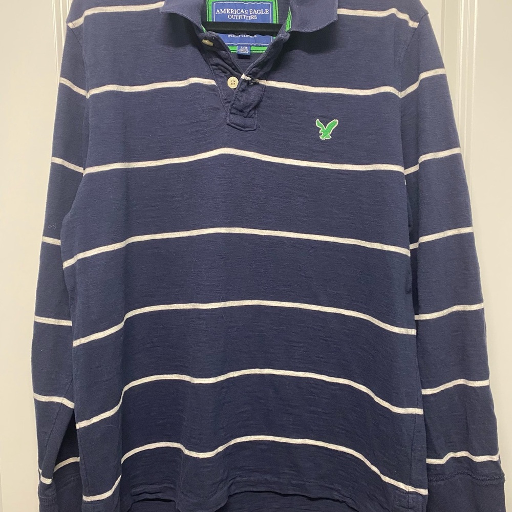 American Eagle Outfitters Dark Blue Rugby Polo Shirt with White Stripes